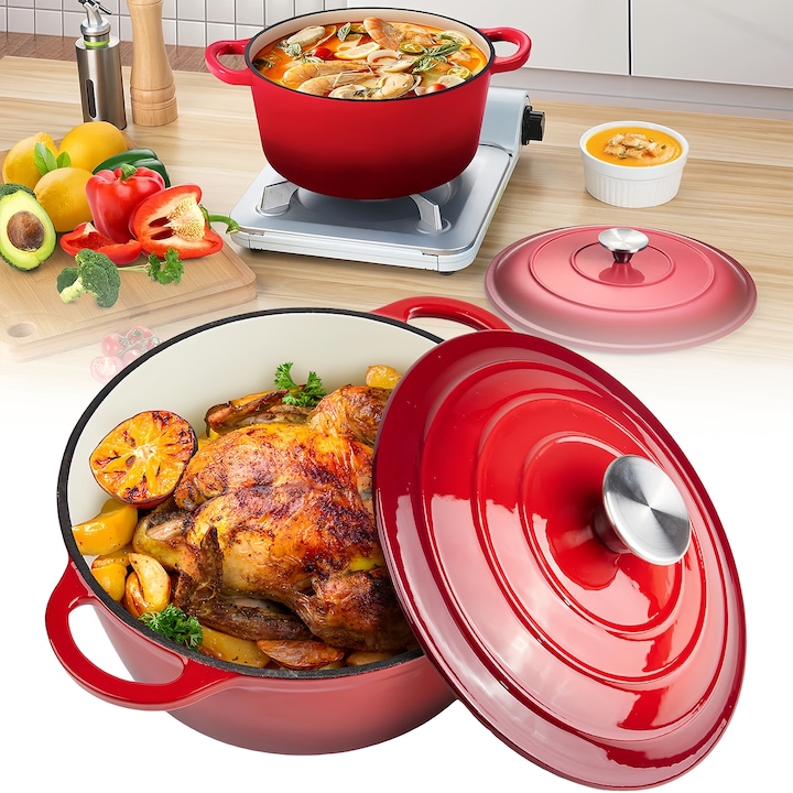 Чугунена тенджера с капак, Wacorresi, 4,5 литра, 26 см, червена
