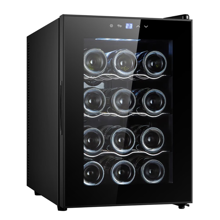 Racitor de vinuri Vortex, VWC4NBK02D, 12 sticle, Negru, Clasa F, Control temperatura digital, Usa sticla, H 53 cm