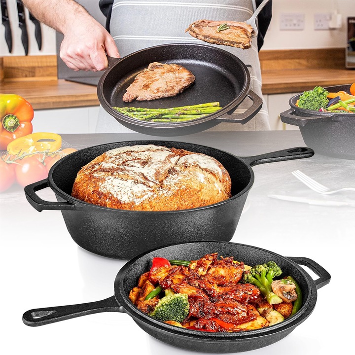 Oala cu capac din fonta, Ceaun din fonta 2in1, Oala cuptor olandez, cu maner, 26cm, Ustensile pentru Gatit, pentru Grill si Tigaie, Negru