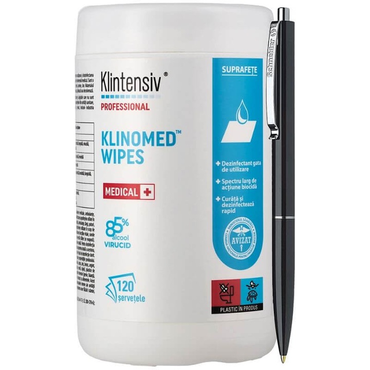 Servetele Dezinfectante cu 85% Alcool - KLINOMED WIPES, 120 buc. – Curatare Rapida si Eficienta pentru Suprafete, Pix Schneider