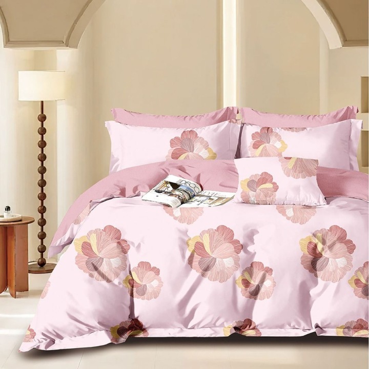 Rózsaszín virágmintás franciaágynemű, 100% pamut perkál, 240x260 cm, 6 darab, Lenerii Deosebite