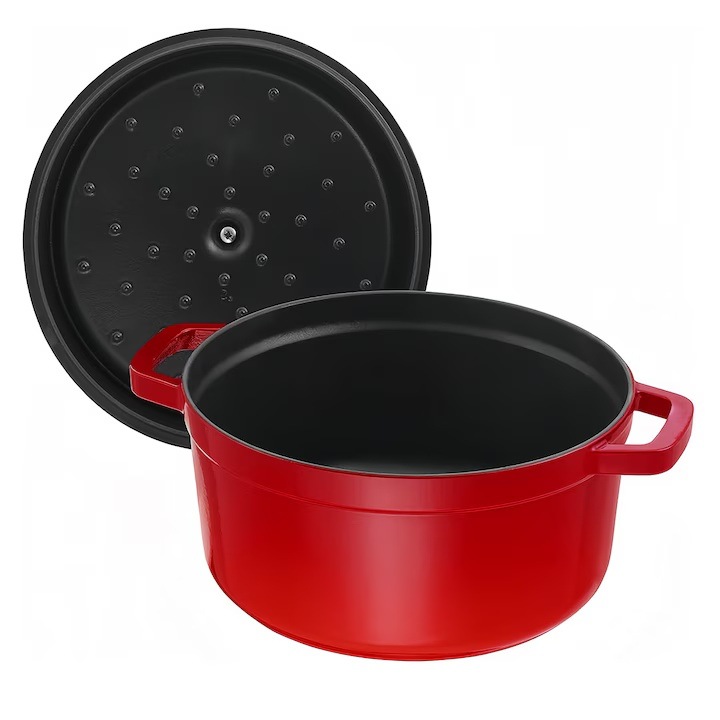 Кръгла емайлирана чугунена тенджера с капак, Wacorresi, 3,2 литра, червена, за готвене и печене, с двойна дръжка