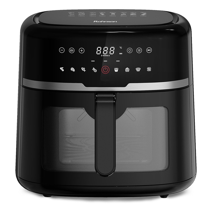 Friteuza cu aer cald Rohnson R2888, 8L, 1800W, timer 1h, 80-200 °C, Panou tactil digital LED, 8 programe, sistem 3D la 360°, fereastra dubla, iluminare interioara, protectie supraincalzire, oprire automata