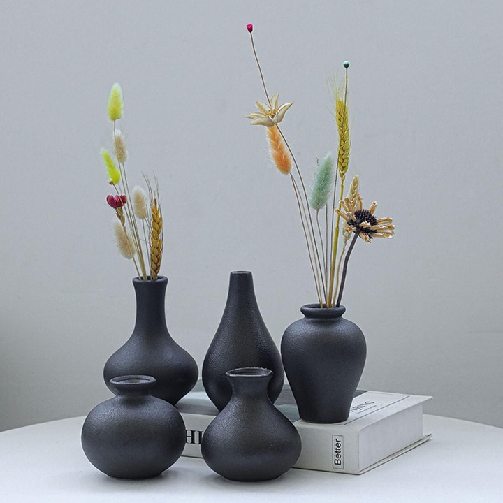 Set 5 Vaze Ceramice, SWJOYOL, Negru, Design Modern Rustic, Dimensiuni Diverse