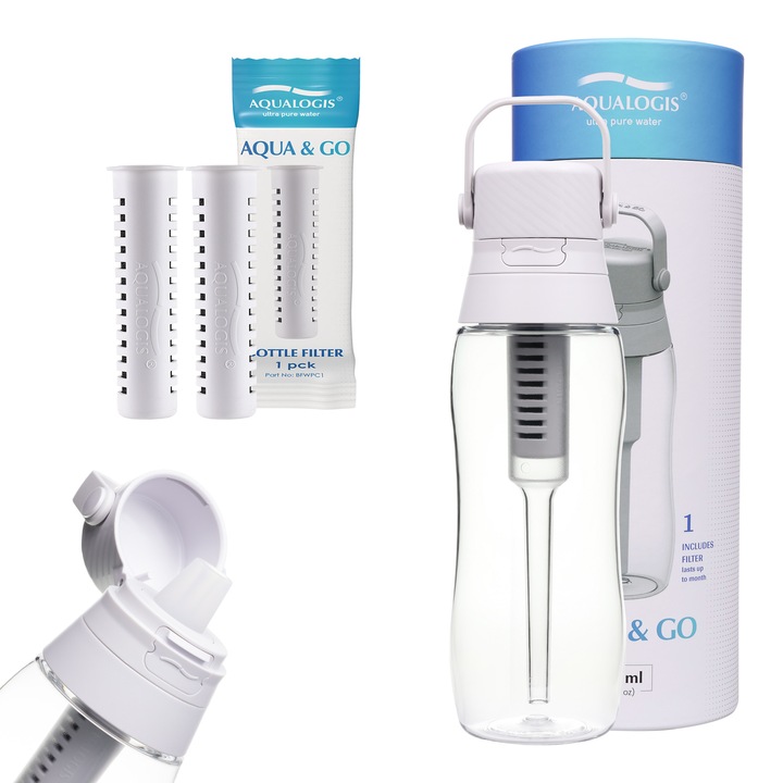 Aqualogis Aqua&Go sticla filtranta pentru apa, 500 ml, Tritan fara BPA, etansa, cu pai si 2 filtre cu carbune activ, pentru apa mai gustoasa, utilizare acasa, la birou si in calatorii