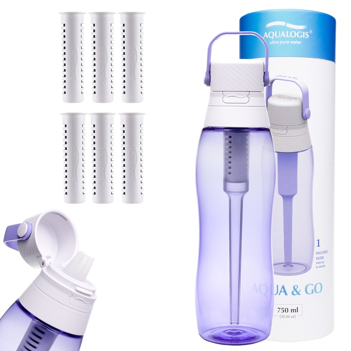 Aqualogis Aqua&Go Lavanda, sticla filtranta 750 ml din Tritan fara BPA, etansa si reutilizabila, cu filtru de carbune activ si 6 filtre incluse pentru acasa, birou si calatorii