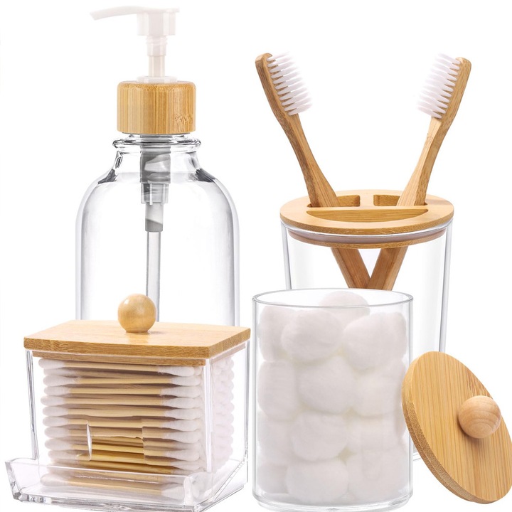 Fürdőszobai kiegészítő szett, szappantartó, fogkefetartó, 2 fültisztító pálcika tartó, műanyag, többszínű