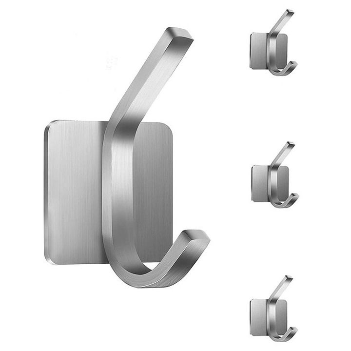 Set 4 carlige adezive din otel inoxidabil, argintiu, 4.5x4.5x7.5 cm, capacitate 5 kg