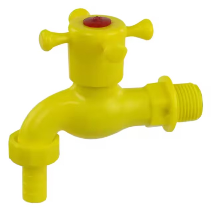 Пластмасов кран 1/2 инча с външна резба и изход за маркуч, жълт цвят, лесен за монтаж, идеален за градинска и домашна употреба, модел DS