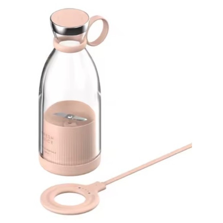 Blender Portabil pentru Bauturi, AOVO™ Smart, Incarcare Wireless, 4 Lame, Capacitate 350ml, Multifunctional, Roz