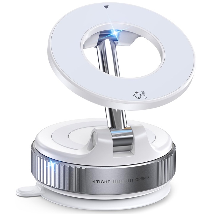 Omelivon Suport Auto pentru Telefon, Rotire 360°, Prindere Magnetica Si Fixarea Suportului Prin Tehnologie De Vidare, Multifunctional, Universal, Potrivit pentru Suprafete Netede, Accesoriile De Fixare Sunt Incluse, Alb