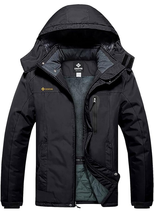 Geaca de Ski pentru Barbati, GEMYSE, Impermeabila, Cu gluga, Calduroasa, Captusita cu Fleece polar, Rezistenta la vant, Perfecta pentru iarna, ski, snowboard, snowmobile, Neagra, Negru