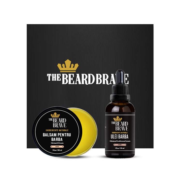 Set Barba Ulei si Ceara/Balsam, Miros Musk, Ingrediente Naturale, Hidratare, Fixare, Ingrijire completa, The Beard Brave, 2x30 ml