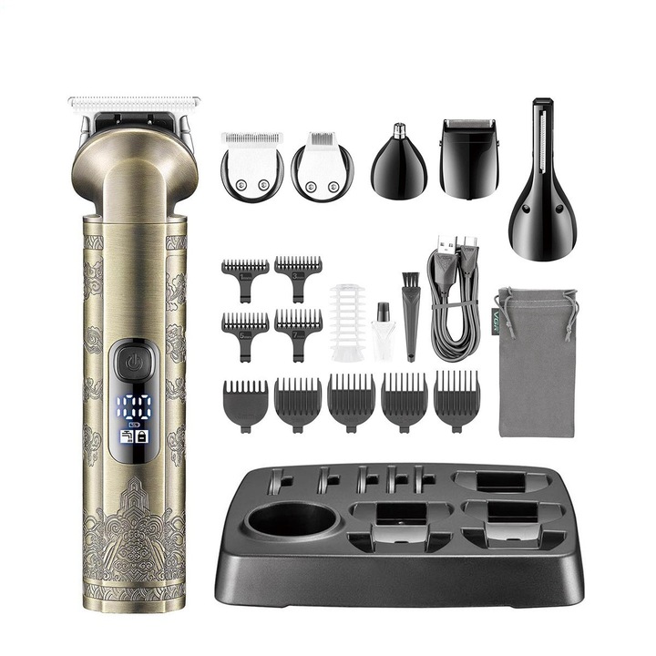 Masina de tuns electrica, multifunctionala 6 in 1, afisaj digital cu LED, baterie 1200mAh, interfata USB, otel inoxidabil