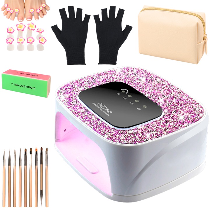 Lampa unghii UV LED Zoaways™, 268W, Functie fara durere, 36 Led-uri, Manusi Protectie UV, Geanta Accesorii, 9 x Pensule Gel, Separatoare Degete, Buffer Unghii 4 laturi