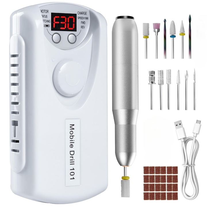 Professzionális körömcsiszoló, 12 csiszoló fejjel és szalaggal, 40000 rpm, LED kijelző, Újratölthető, Hordozható & Alacsony zajszint (40dB), Alumínium hegy (alumínium ötvözet), Alkalmas gélhez, műkörömhöz, vágáshoz, polírozáshoz és pedikűrhöz, fehér