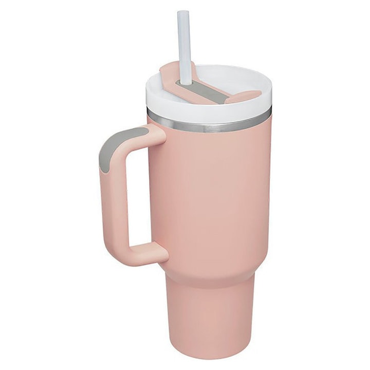 Термо чаша 40oz, неръждаема стомана 304, розова, с голям капацитет, двойна изолация, със сламка