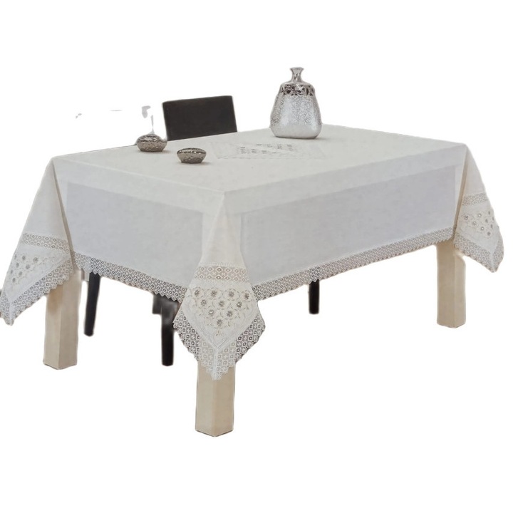 Fata de Masa Festiva Eleganta, Calitate Superioara, Broderie Inserata si Strasuri Aplicate, Alb, 160x300cm