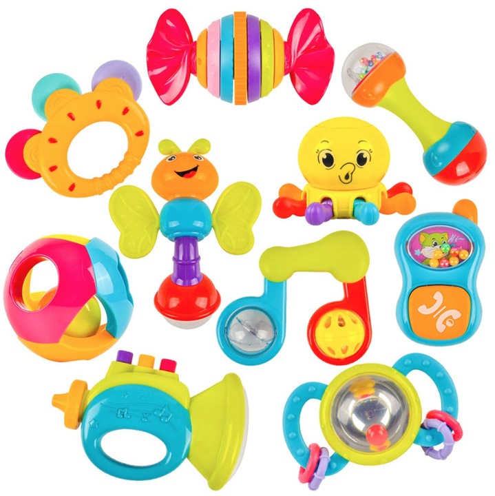 Jucarie bebe, GHEMOTOC®, set de 10 sunatoari pentru bebelusi si copii mici, inele gingivale, zornailoare, multicolor, Hola