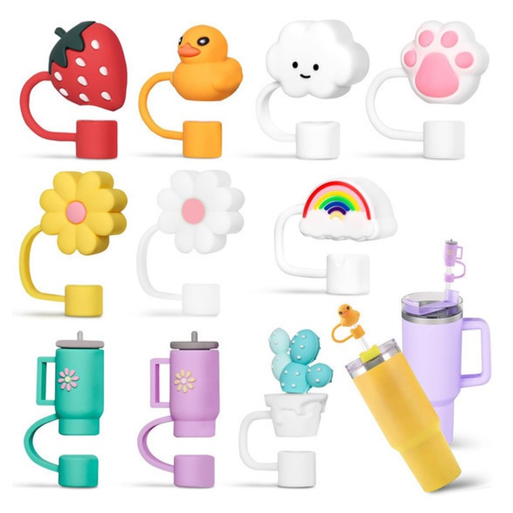 Комплект от 10 силиконови капачки за сламки, различни форми, многоцветни, 10мм