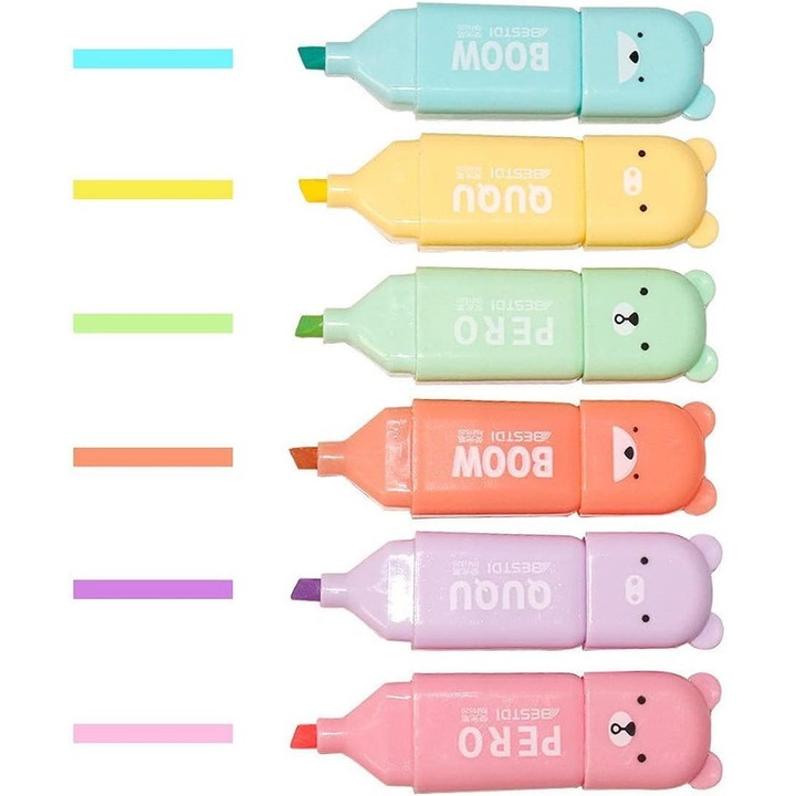 Set 6 Markere Colorate Panda, Design Ergonomic, Cerneala Rapid Uscare, Dimensiune 20x53mm