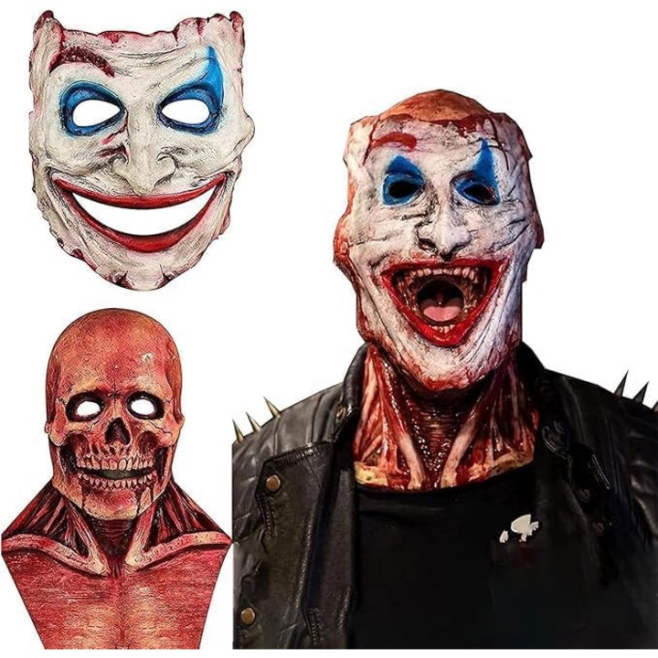 Dupla rétegű horror bohóc halloweeni maszk, latex, fehér-piros, 45x25cm