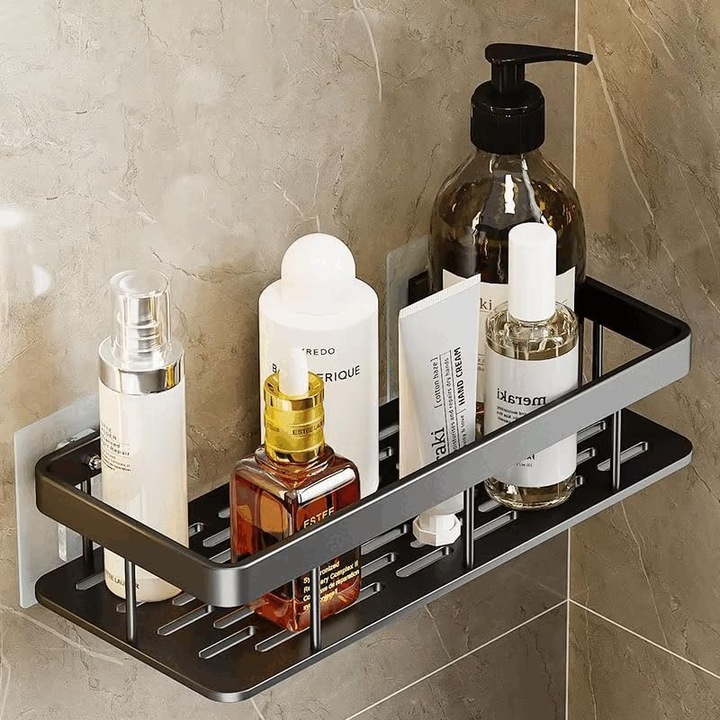 Suporturi de dus, rafturi din aluminiu, organizator multifunctional, negru, 30x13x5cm, set cu 4 carlige removabile