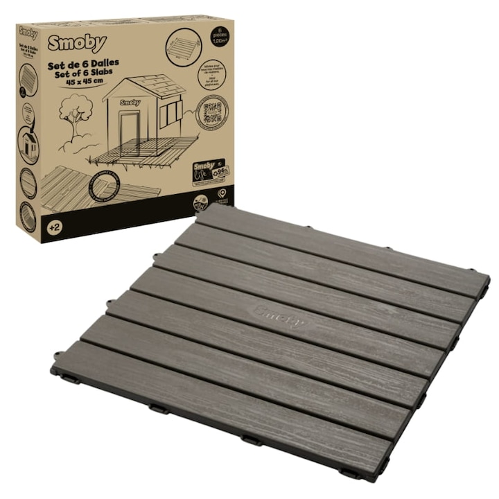Teraszparketta, Smoby, 100%-ban újrahasznosítható, Időjárásálló, Könnyen összeszerelhető, Tartós és biztonságos anyagokból készült, Újrahasznosítható, 45 cm x 45 cm x 1,5 cm