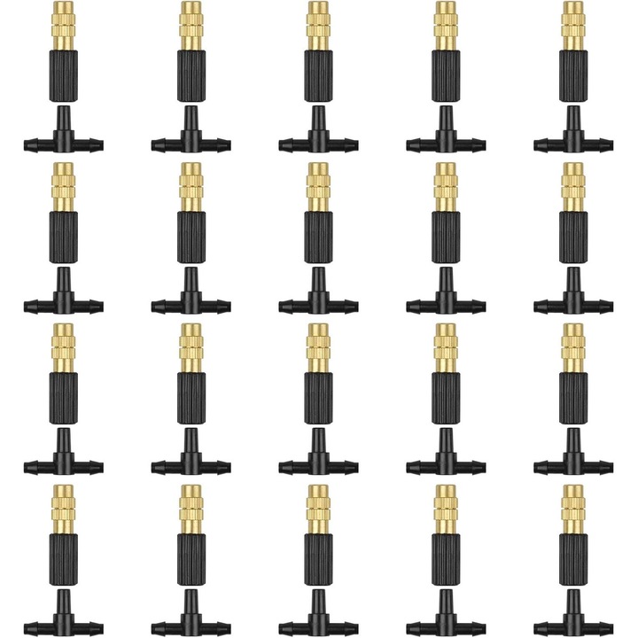 Set 20 Duza de Irigare Reglabila din Cupru pentru Atomizare, PsAyl®, Conectare la Tub de 4/7 mm, cu Conector de Irigare in 3 Directii