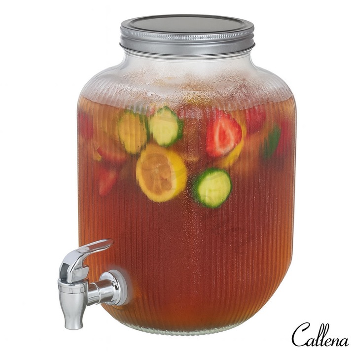 Dozator din sticla, cu dungi, transparent, robinet si capac, 4 litri, 24x17cm, Callena