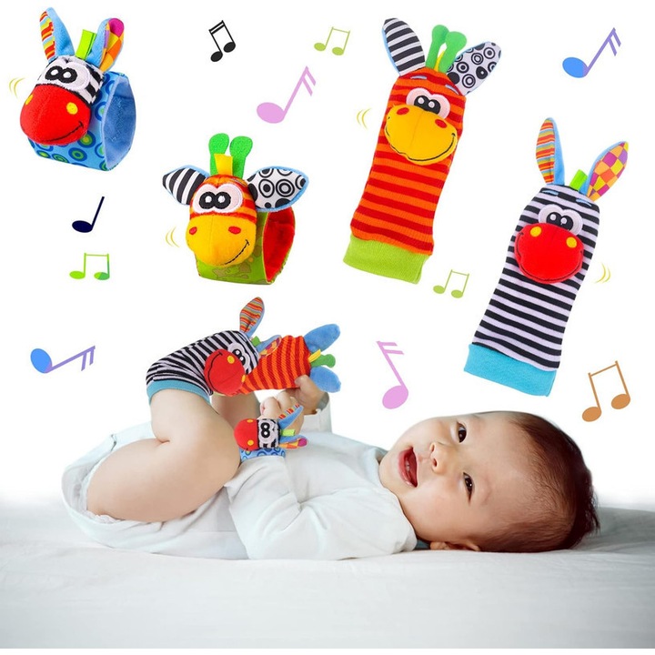 Комплект от 4 играчки за бебета, въртящи се гривни и чорапи с дрънкалки, дизайн на животни, 0-9 месеца