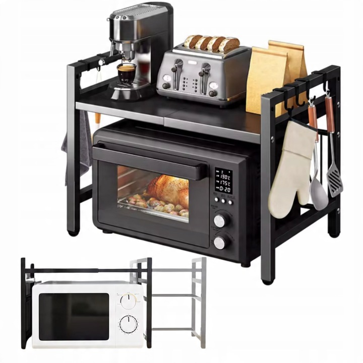 Кухненска стойка с рафт за микровълнова фурна, Homedesign, Метална, Максимална товароносимост до 10 кг, Регулируема ширина от 39 см до 60 см, Компактен дизайн, 46 x 39-60 x 36 см