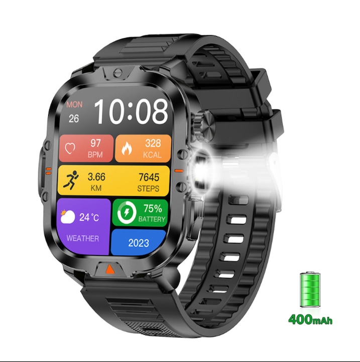 Smartwatch HUIERS HES-V17 Unisex, Ecran 2" TFT Touch, Baterie 410mAh, BT5.3, Apel Bluetooth, IP68, Moduri Sport, Android/iOS, Rectangular, Negru