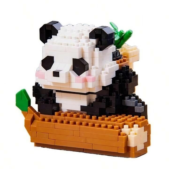 Panda rönkön építőkészlet bambusz hátizsákkal Innovium™, 378 ABS darab, szórakoztató és oktató 3D modell, méretek 7,4 × 7,8 × 7 CM, kreatív játék gyerekeknek és felnőtteknek