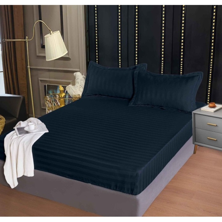 Плик за легло с 2 калъфки за възглавници, Primavara, Дамаск, Едноцветен, 160x200 см, Тъмносин