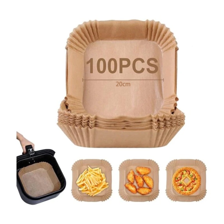 Set 100 hartii de copt pentru friteuze cu aer 20cm, bej