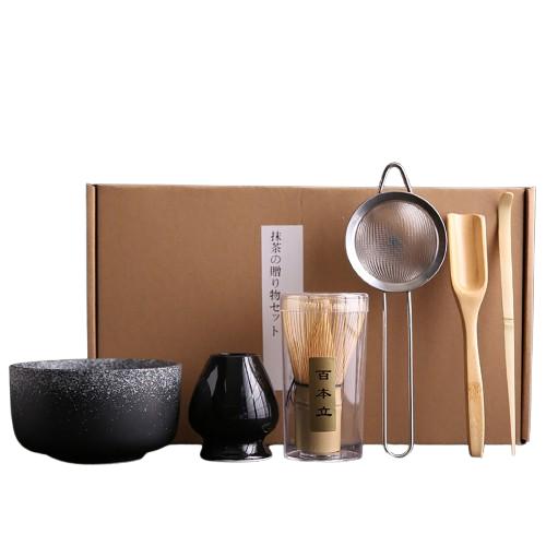 Set 6 piese pentru matcha, ceramica si bambus, negru, 6 piese