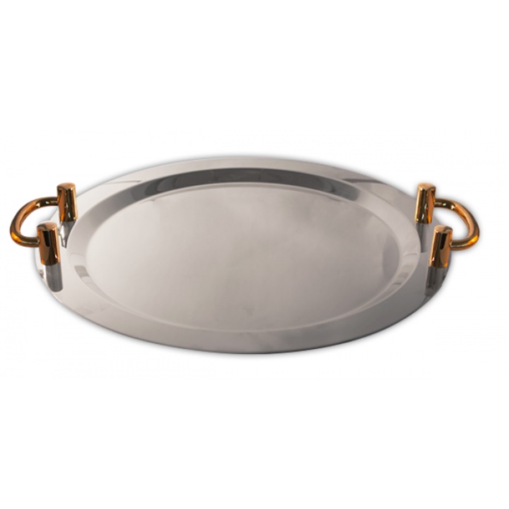 Platou servire RAKI tava inox ovala 50cm de lux, manere aurii