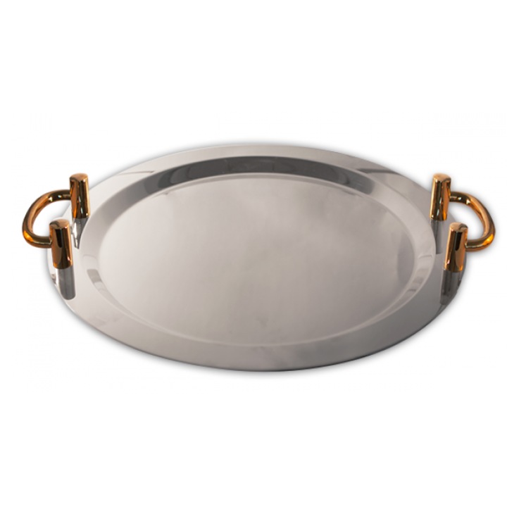 Platou servire RAKI tava inox rotund 46cm de lux, manere aurii