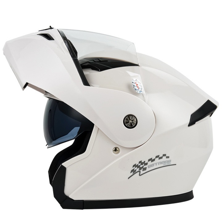 Casca moto, ORBER, Cu doua lentile de ochelari, rezistenta la cadere si impact, spuma EPS de inalta densitate, captuseala detasabila, respirabila si absorbanta de transpiratie, ABS, Marimea L, Alb