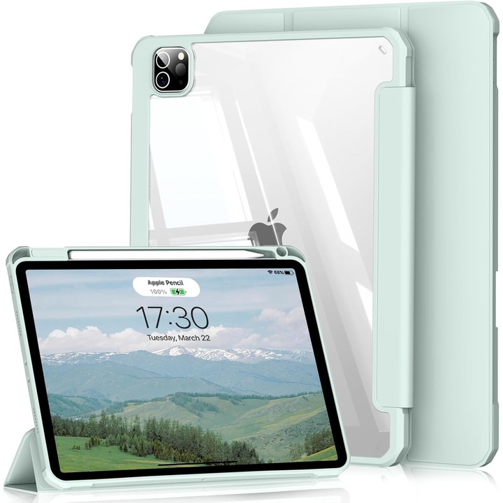 Husă tabletă BQDIYOO pentru iPad Air 11", verde deschis, suport pentru creion, auto sleep/wake