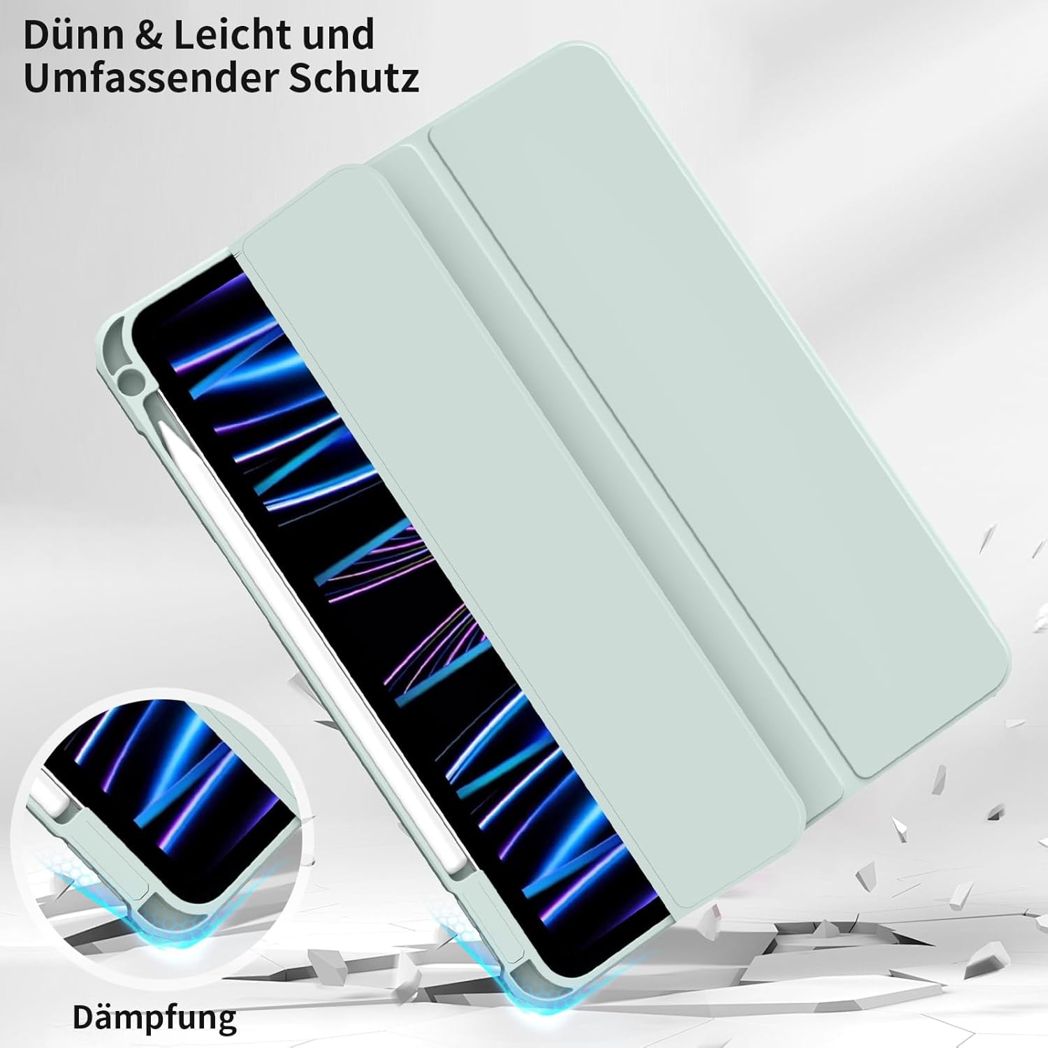 Husă tabletă BQDIYOO pentru iPad Air 11", verde deschis, suport pentru creion, auto sleep/wake