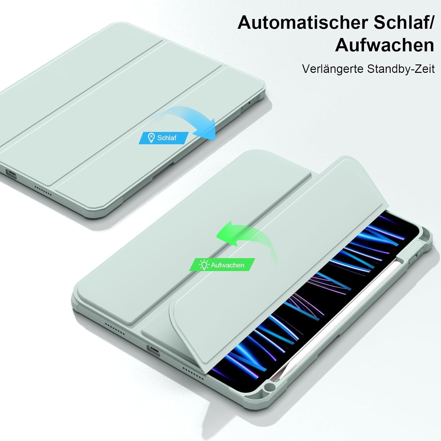 Husă tabletă BQDIYOO pentru iPad Air 11", verde deschis, suport pentru creion, auto sleep/wake