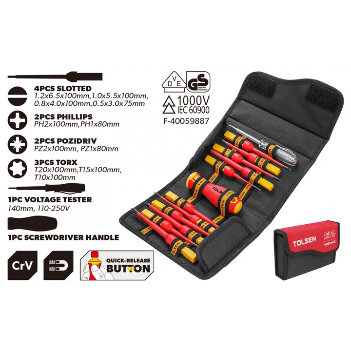 Комплект отвертки 1000V VDE изолирани 13 части TOLSEN Cr-V плоски PH PZ Torx, с детектор за напрежение 110-250V, сменяема дръжка и професионален текстилен калъф, одобрени от GS, за електротехници