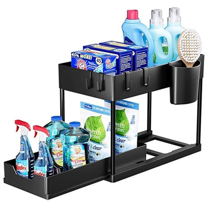 Rendszerező mosogató alá, 2 szintes, kihúzható fiókkal, 4 kampóval, ABS műanyag, változatos méretek