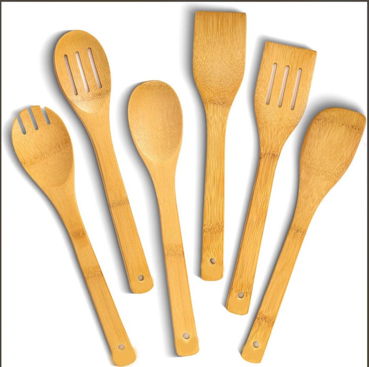 Set ustensile de bucatarie din bambus, 6 piese, linguri si spatule din lemn, colorate natural, 6.5x30cm