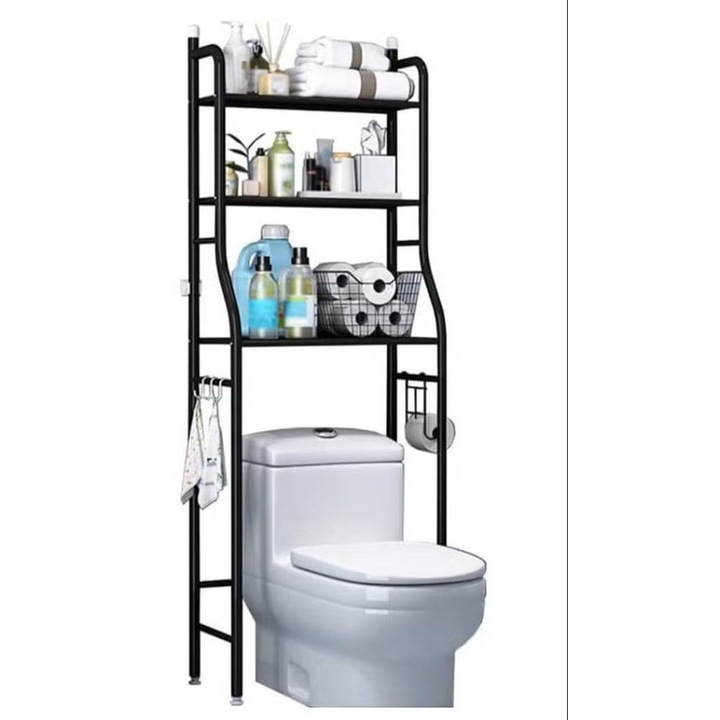 Стойка за баня, рафт над тоалетна, 3 етажа, черен, 25 см x 50 см x 160 см