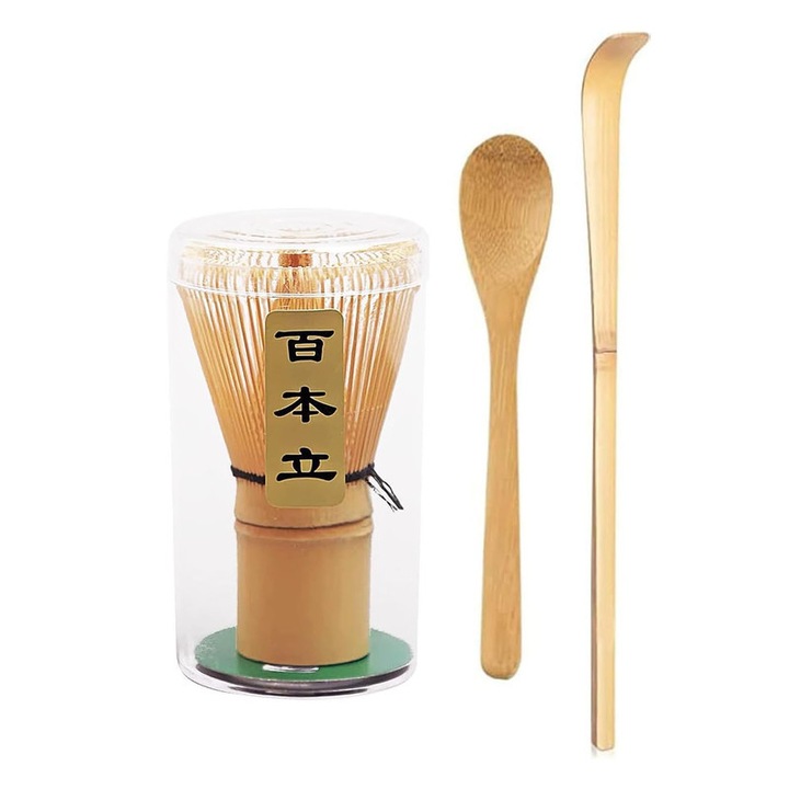 Set accesorii ceai matcha, 100% bambus, plic si tel, natural, 15x5cm