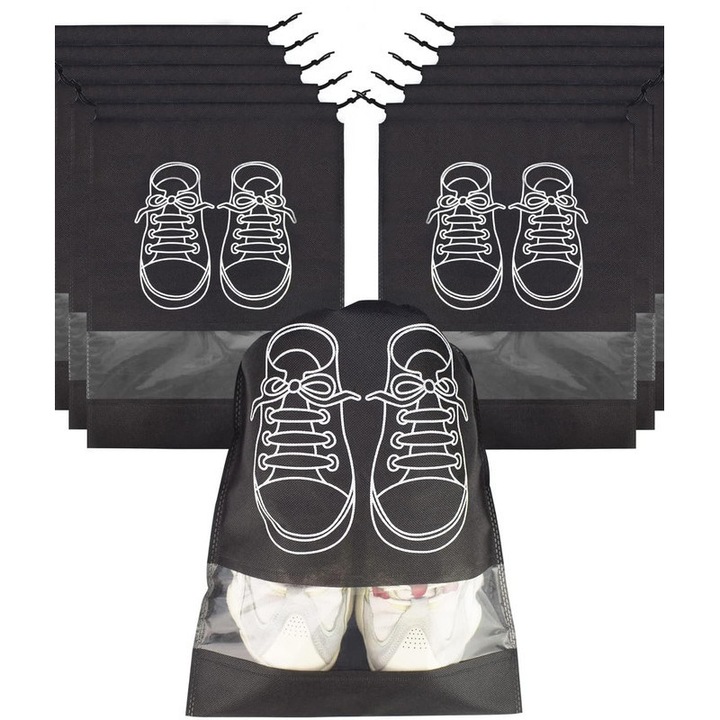 Set 10 Organizatoare Incaltaminte, Material Non-Woven, Fereastra Transparenta, Negru, 44x32cm