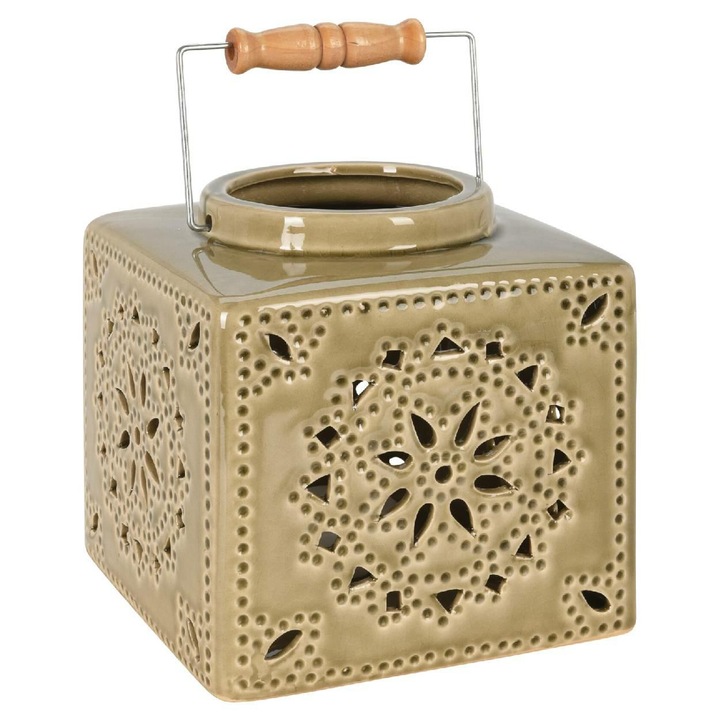 Lanterna Ceramica, H&S Decoration, Design Rustic, Model Simetric De Taieturi, Manere Din Lemn, Ideala Pentru Lumani Tealight Sau Lumini LED, 16.5 x 16.5 x 16 Cm, Verde Masliniu